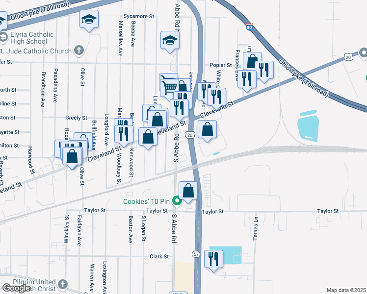 map of restaurants, bars, coffee shops, grocery stores, and more near 142 South Abbe Road in Elyria