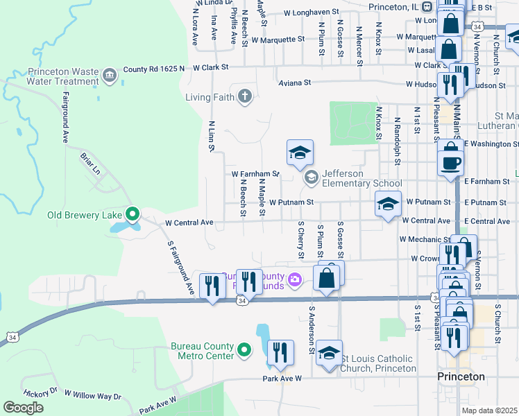map of restaurants, bars, coffee shops, grocery stores, and more near 1016 West Putnam Street in Princeton