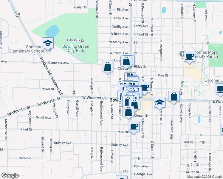 map of restaurants, bars, coffee shops, grocery stores, and more near 135 38 in Bowling Green