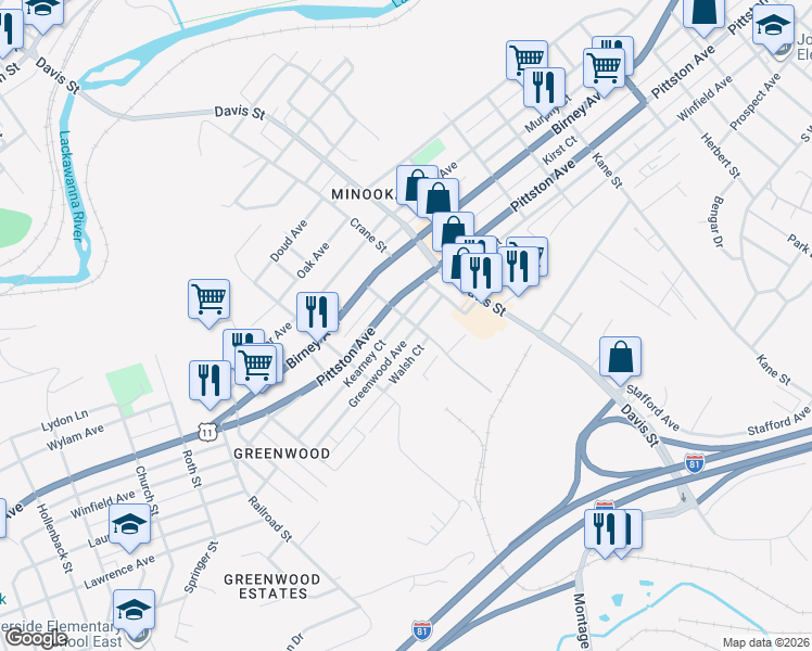map of restaurants, bars, coffee shops, grocery stores, and more near 606 Warner St in Scranton