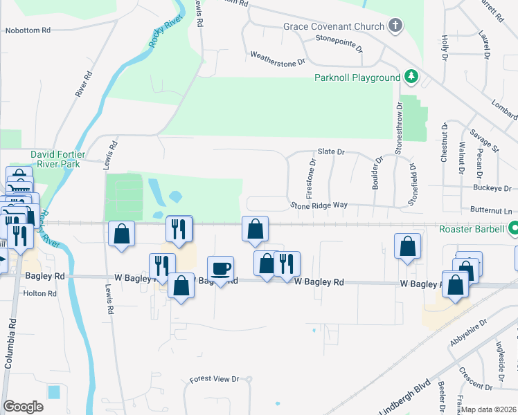 map of restaurants, bars, coffee shops, grocery stores, and more near 128 River Rock Way in Berea