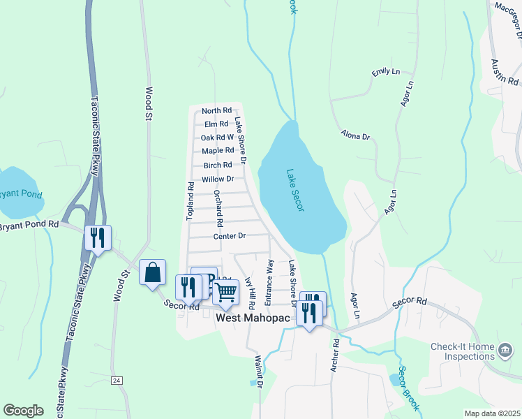 map of restaurants, bars, coffee shops, grocery stores, and more near 197 Lake Shore Drive in Mahopac