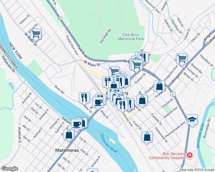 map of restaurants, bars, coffee shops, grocery stores, and more near 76 Pike Street in Port Jervis