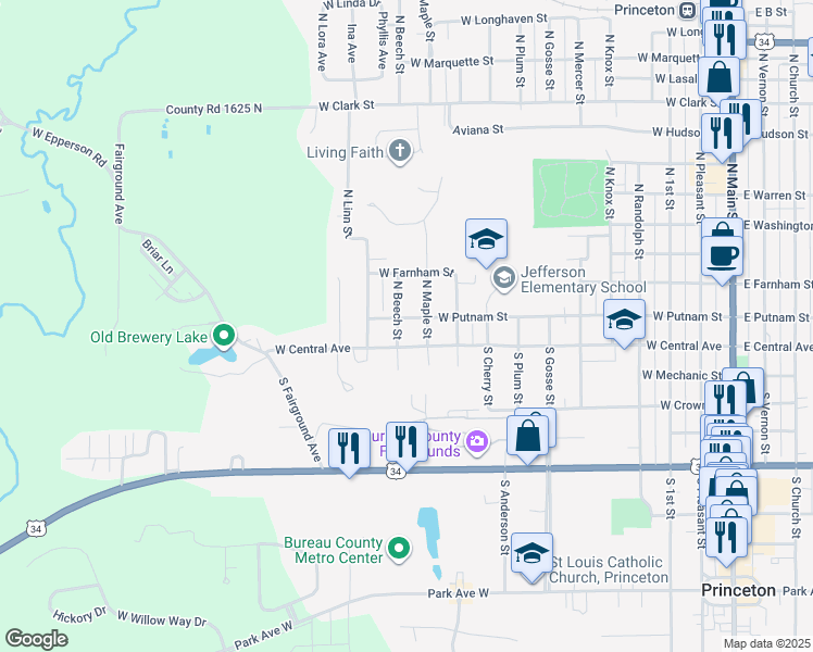 map of restaurants, bars, coffee shops, grocery stores, and more near 1016 West Putnam Street in Princeton