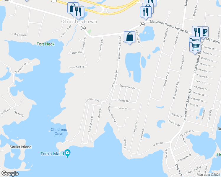 map of restaurants, bars, coffee shops, grocery stores, and more near 77 Pond Shore Drive in Charlestown