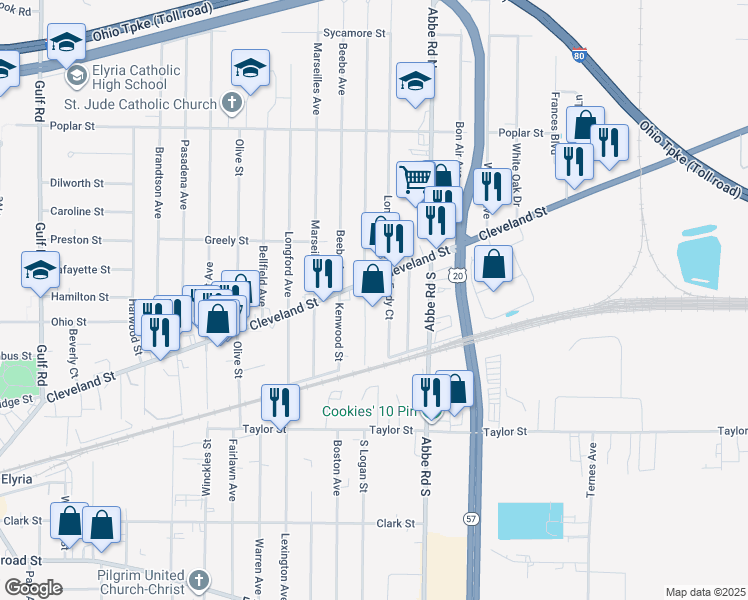 map of restaurants, bars, coffee shops, grocery stores, and more near 61 Hawthorne Street in Elyria