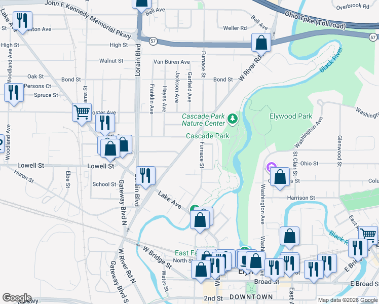 map of restaurants, bars, coffee shops, grocery stores, and more near 745 West River Road North in Elyria
