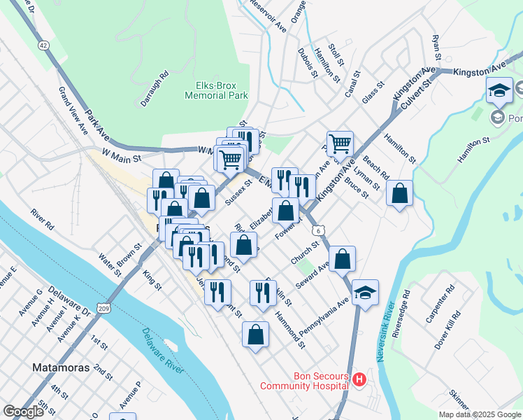 map of restaurants, bars, coffee shops, grocery stores, and more near 18 Elizabeth Street in Port Jervis