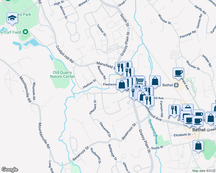 map of restaurants, bars, coffee shops, grocery stores, and more near 17 Fleetwood Avenue in Bethel