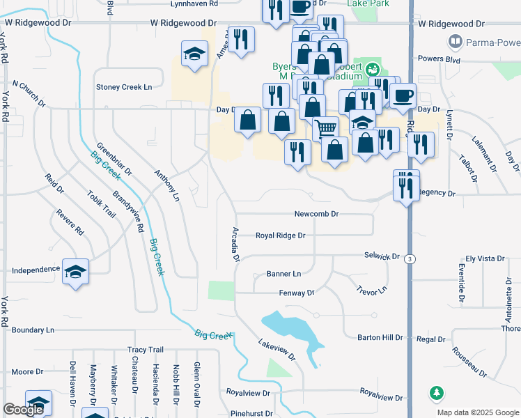 map of restaurants, bars, coffee shops, grocery stores, and more near 8564 Newcomb Drive in Parma