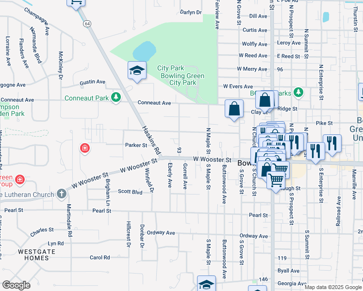map of restaurants, bars, coffee shops, grocery stores, and more near 128 Meeker Street in Bowling Green