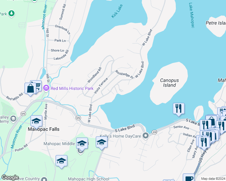 map of restaurants, bars, coffee shops, grocery stores, and more near 72 West Lake Boulevard in Mahopac