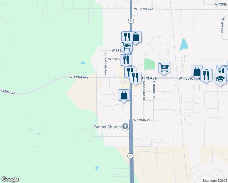 map of restaurants, bars, coffee shops, grocery stores, and more near 11398 West 133rd Lane in Cedar Lake