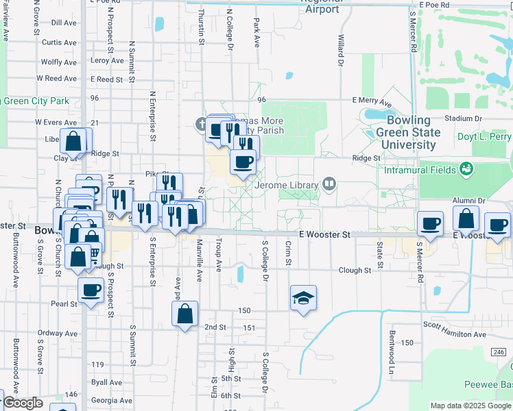 map of restaurants, bars, coffee shops, grocery stores, and more near in Bowling Green