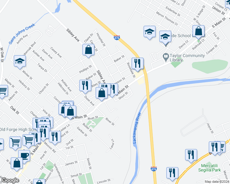 map of restaurants, bars, coffee shops, grocery stores, and more near 1114 South Main Street in Taylor