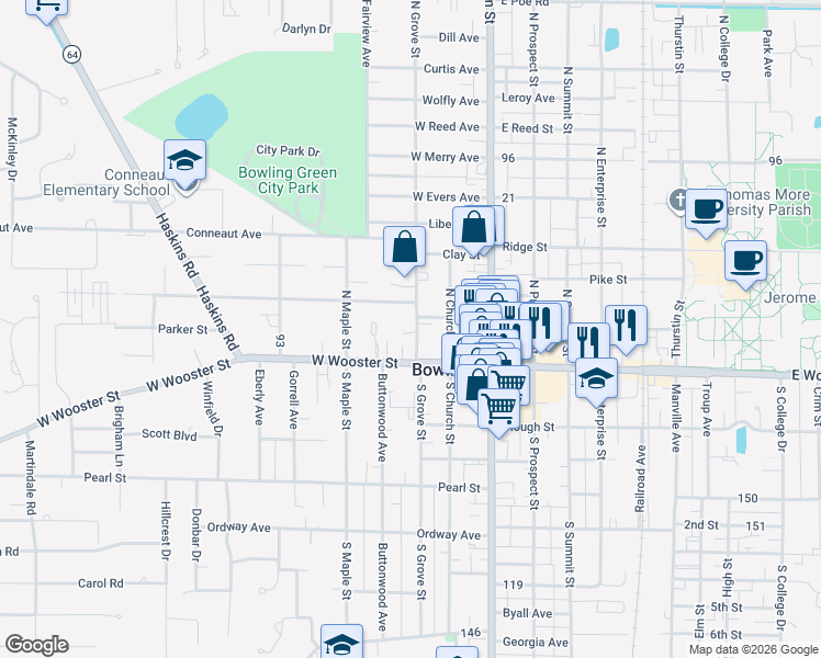 map of restaurants, bars, coffee shops, grocery stores, and more near 135 38 in Bowling Green
