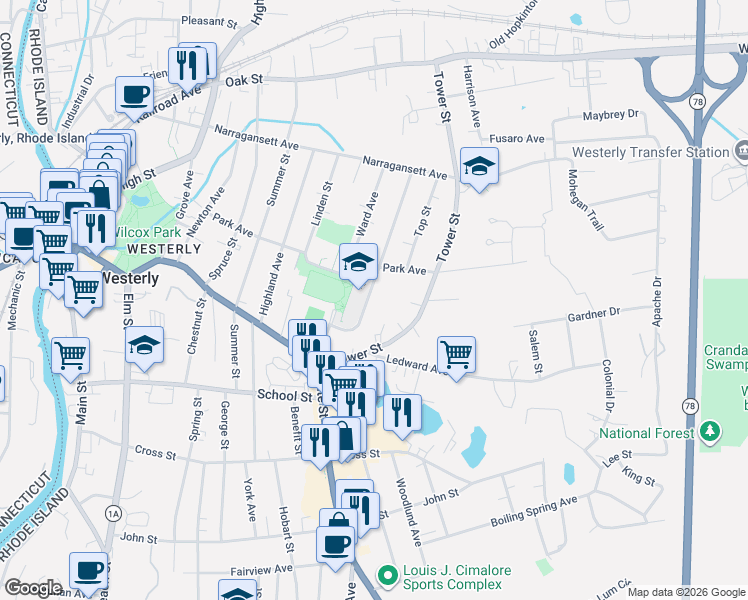 map of restaurants, bars, coffee shops, grocery stores, and more near 19 Bellevue Avenue in Westerly