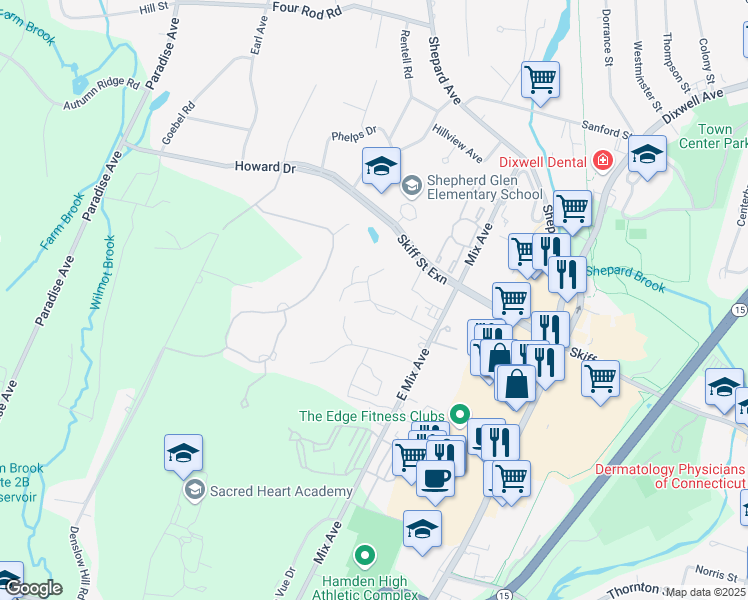 map of restaurants, bars, coffee shops, grocery stores, and more near 163 Towne House Road in Hamden