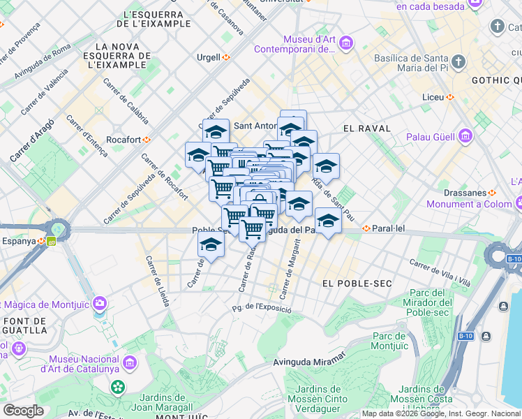 map of restaurants, bars, coffee shops, grocery stores, and more near 15 Carrer del Parlament in Barcelona