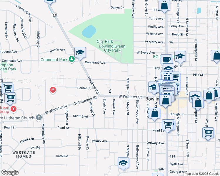 map of restaurants, bars, coffee shops, grocery stores, and more near 128 Meeker Street in Bowling Green