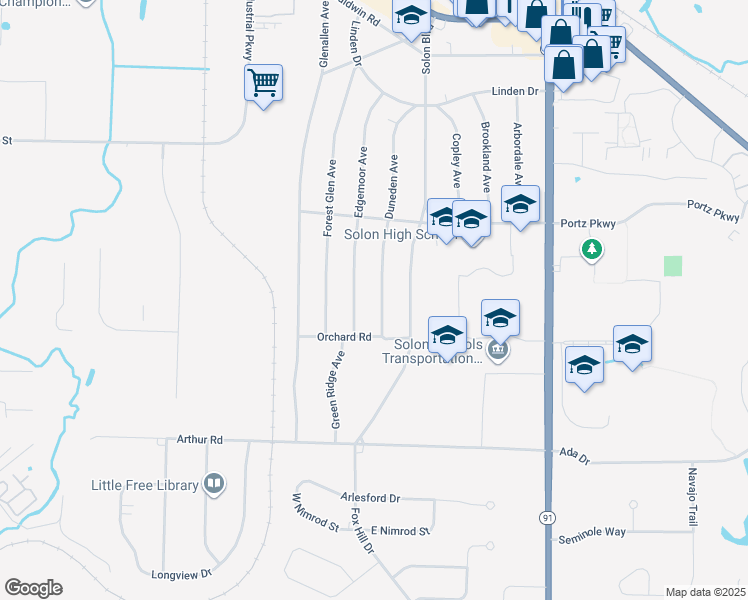map of restaurants, bars, coffee shops, grocery stores, and more near 6728 Duneden Avenue in Solon