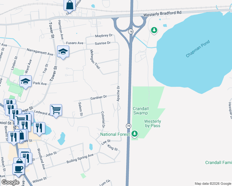 map of restaurants, bars, coffee shops, grocery stores, and more near 28 Apache Drive in Westerly