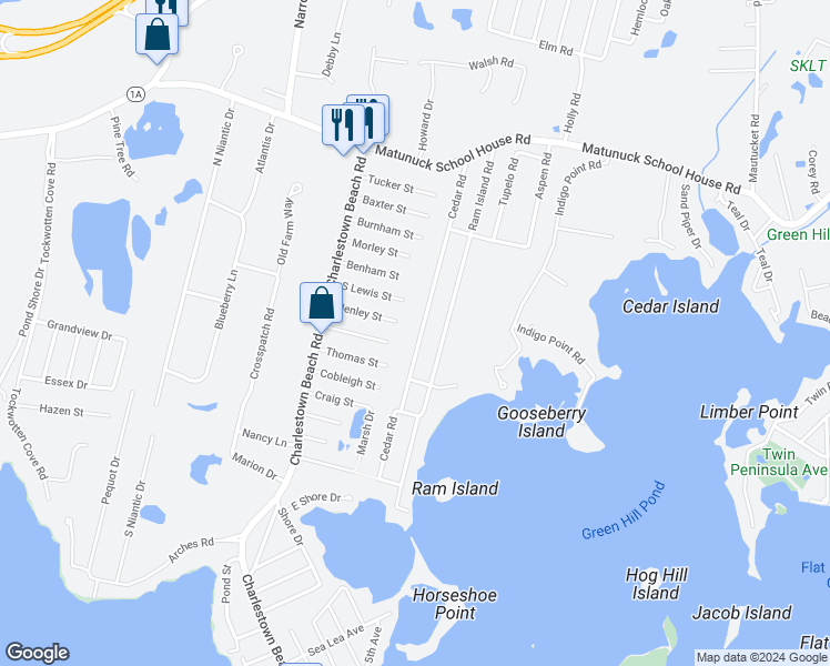 map of restaurants, bars, coffee shops, grocery stores, and more near 153 Cedar Road in Charlestown