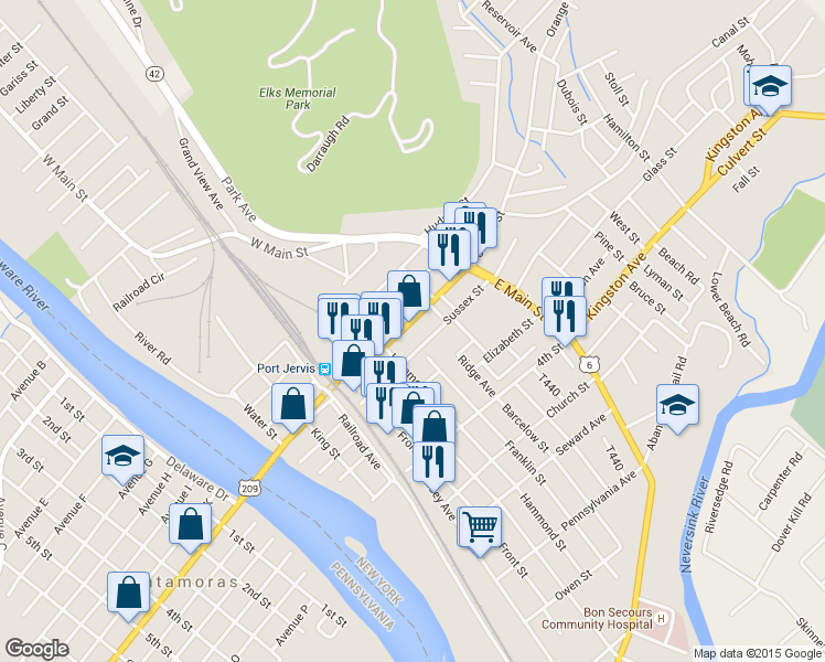 map of restaurants, bars, coffee shops, grocery stores, and more near 139 Pike Street in Port Jervis