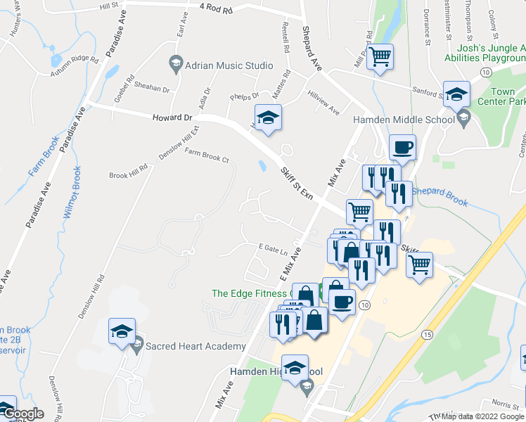 map of restaurants, bars, coffee shops, grocery stores, and more near 163 Towne House Road in Hamden