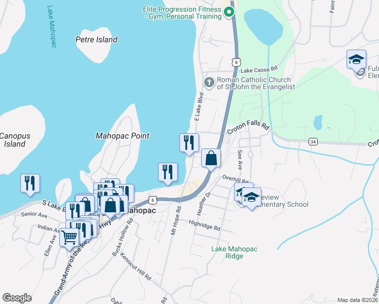 map of restaurants, bars, coffee shops, grocery stores, and more near 162 East Lake Boulevard in Mahopac