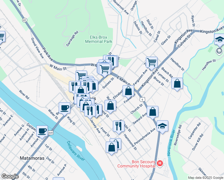map of restaurants, bars, coffee shops, grocery stores, and more near 18 Elizabeth Street in Port Jervis