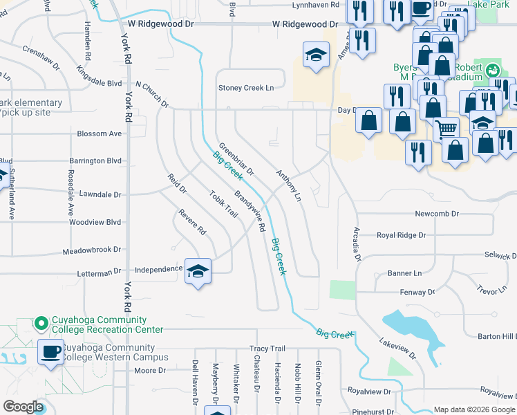 map of restaurants, bars, coffee shops, grocery stores, and more near 6917 Brandywine Road in Parma Heights