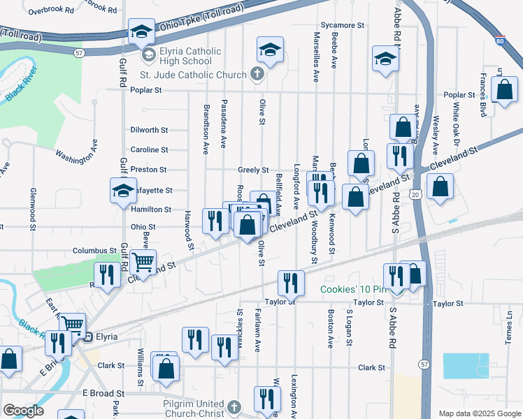 map of restaurants, bars, coffee shops, grocery stores, and more near 228 Olive Street in Elyria