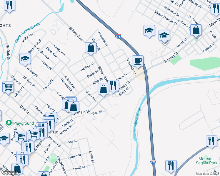 map of restaurants, bars, coffee shops, grocery stores, and more near 116 Sibley Avenue in Old Forge