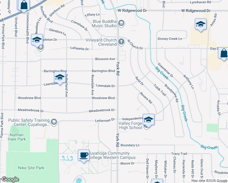 map of restaurants, bars, coffee shops, grocery stores, and more near 6908 York Rd in Parma Heights