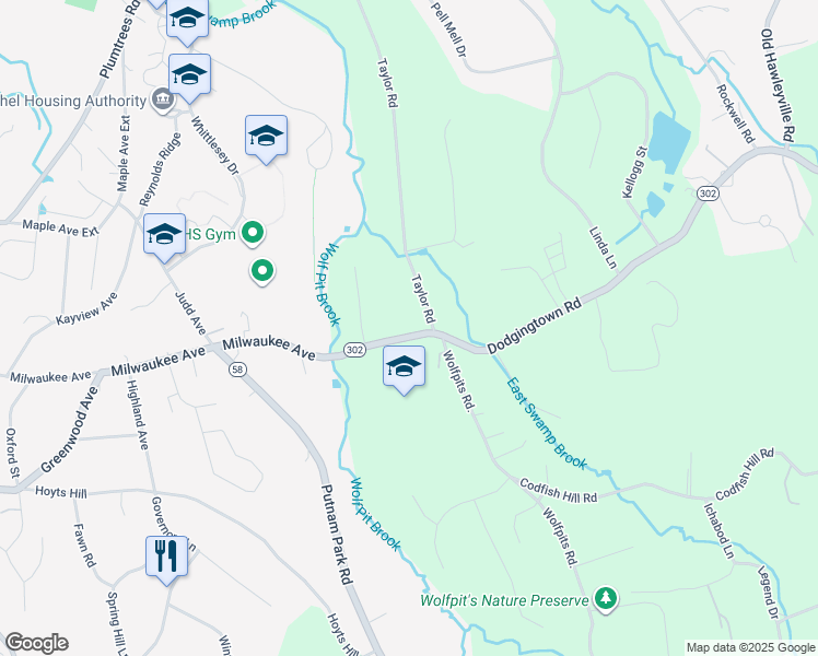 map of restaurants, bars, coffee shops, grocery stores, and more near 25 Dodgingtown Road in Bethel
