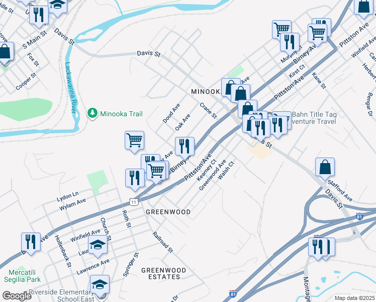 map of restaurants, bars, coffee shops, grocery stores, and more near 3276 Birney Avenue in Scranton