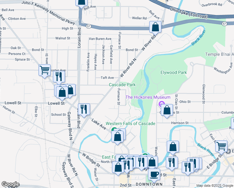 map of restaurants, bars, coffee shops, grocery stores, and more near 360 Furnace Street in Elyria
