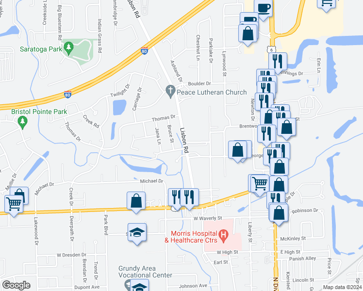 map of restaurants, bars, coffee shops, grocery stores, and more near 500 Brentwood Drive in Morris