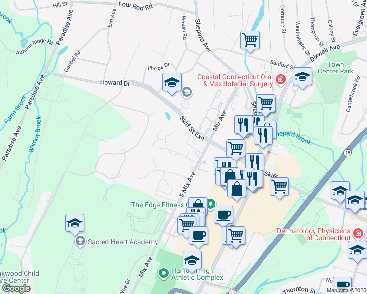 map of restaurants, bars, coffee shops, grocery stores, and more near 31-34 Towne House Road in Hamden