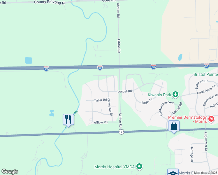 map of restaurants, bars, coffee shops, grocery stores, and more near 1767 Periwinkle Drive in Morris