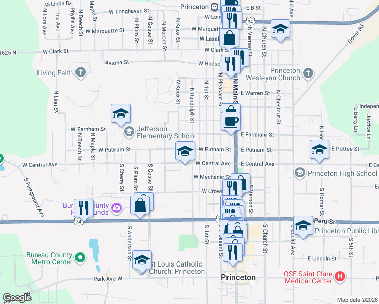 map of restaurants, bars, coffee shops, grocery stores, and more near 306 West Putnam Street in Princeton