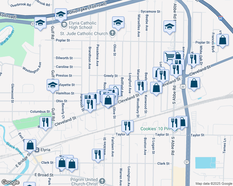 map of restaurants, bars, coffee shops, grocery stores, and more near 228 Olive Street in Elyria