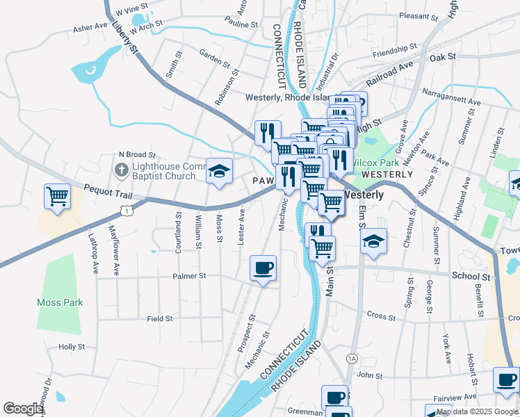 map of restaurants, bars, coffee shops, grocery stores, and more near 9 Chase Street in Stonington