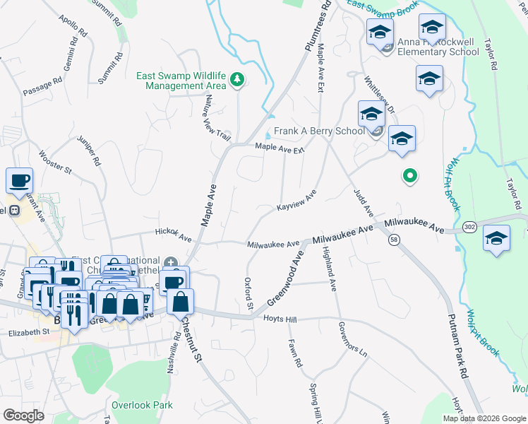 map of restaurants, bars, coffee shops, grocery stores, and more near 8B Kayview Avenue in Bethel