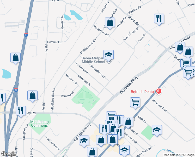map of restaurants, bars, coffee shops, grocery stores, and more near 15438 Hickox Boulevard in Middleburg Heights