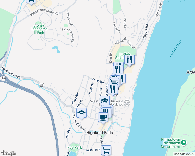 map of restaurants, bars, coffee shops, grocery stores, and more near 43 Fort Putnam Street in Highland Falls