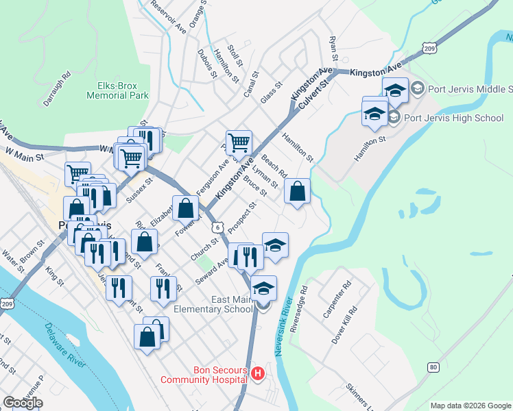 map of restaurants, bars, coffee shops, grocery stores, and more near 33 Prospect Street in Port Jervis