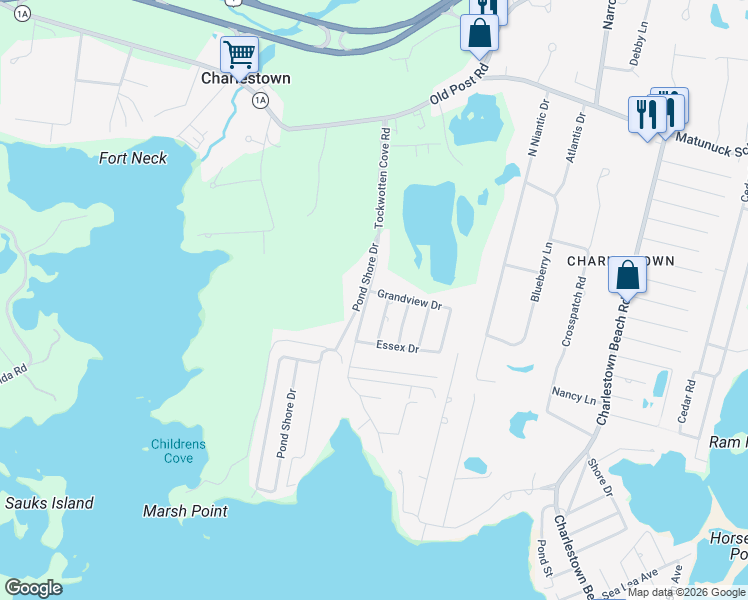 map of restaurants, bars, coffee shops, grocery stores, and more near 77 Pond Shore Drive in Charlestown