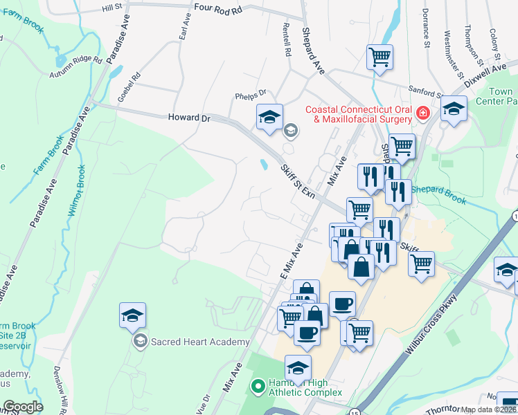 map of restaurants, bars, coffee shops, grocery stores, and more near 163 Towne House Road in Hamden